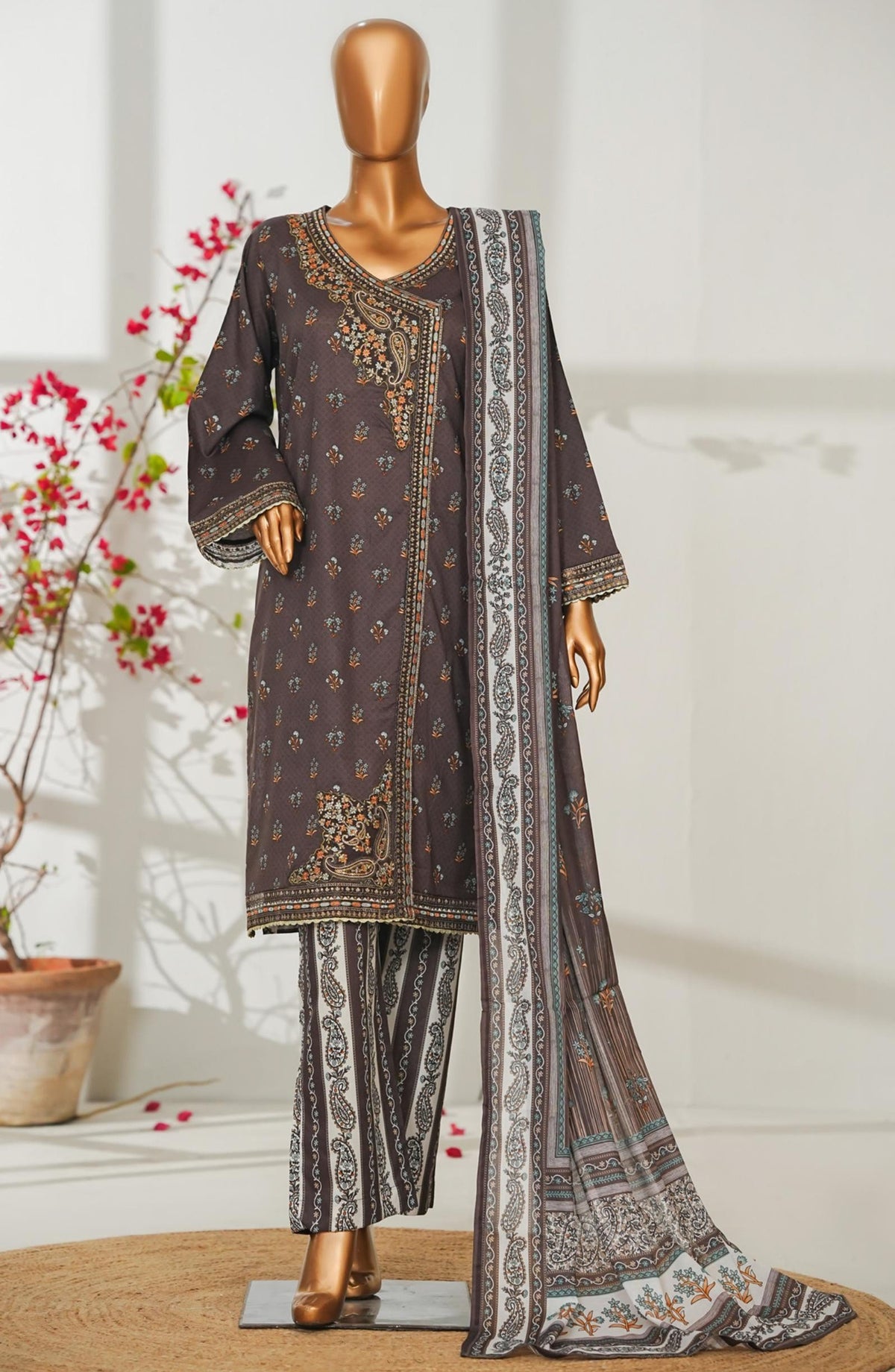Bin Saeed Exclusive Embroidered Lawn Stitched 3 Piece Suit - D-08 - BS26ROI - Brown - Summer Collection