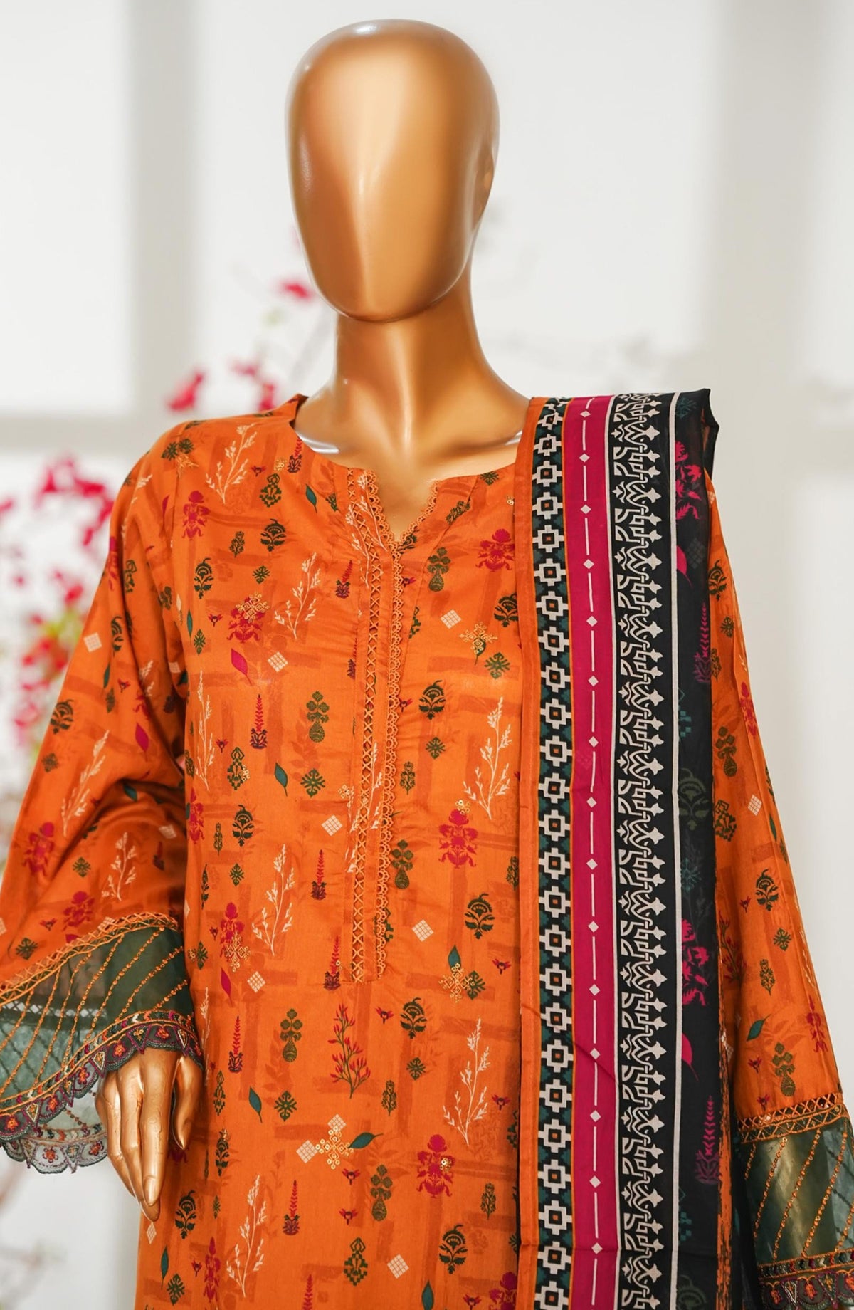 Bin Saeed Exclusive Embroidered Lawn Stitched 3 Piece Suit - D-06 - BS26ROI - Orange - Summer Collection