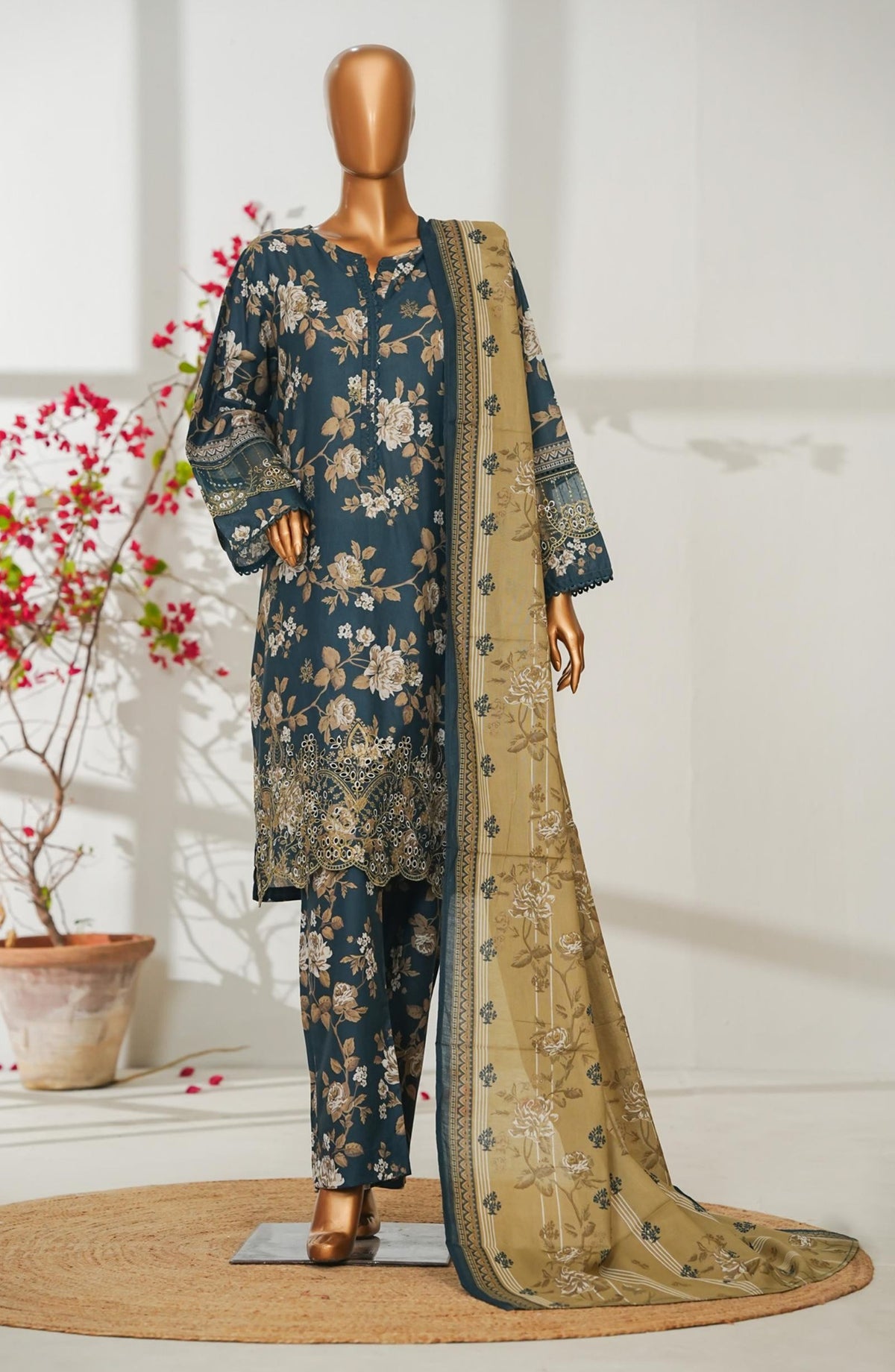 Bin Saeed Exclusive Embroidered Lawn Stitched 3 Piece Suit - D-04 - BS26ROI - Blue - Summer Collection