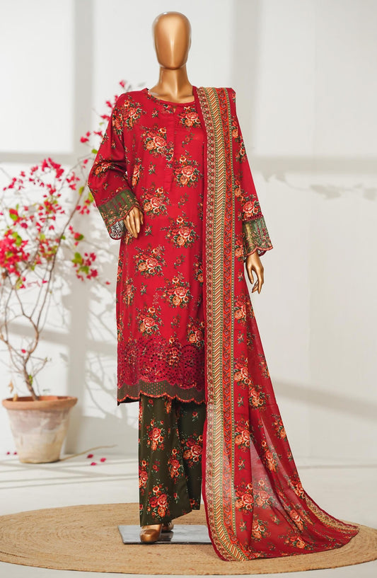 Bin Saeed Exclusive Embroidered Lawn Stitched 3 Piece Suit - D-03 - BS26ROI - Red - Summer Collection