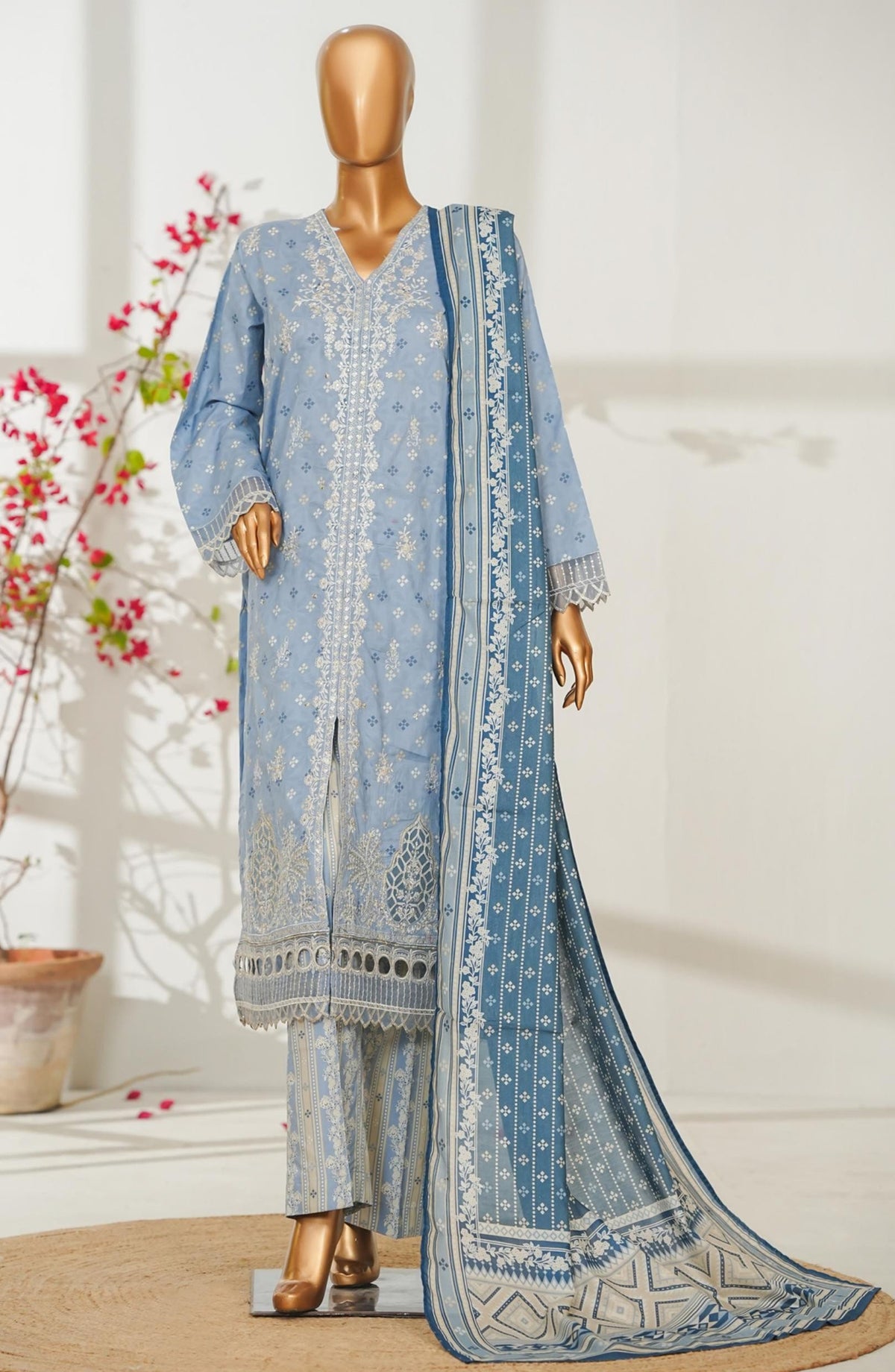Bin Saeed Exclusive Embroidered Lawn Stitched 3 Piece Suit - D-01 - BS26ROI - Blue - Summer Collection