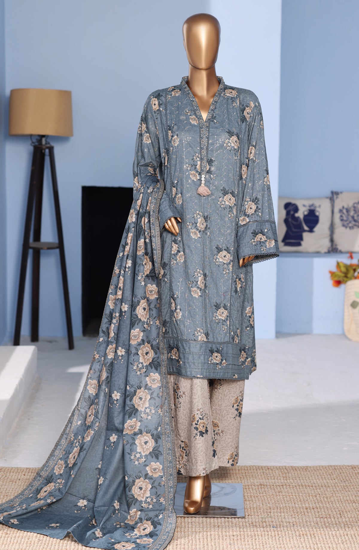 Bin Saeed Exclusive Embroidered Lawn Stitched 3 Piece Suit - D-09 - BS26PNT - Blue - Summer Collection