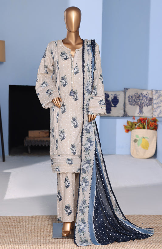 Bin Saeed Exclusive Embroidered Lawn Stitched 3 Piece Suit - D-07 - BS26PNT - Off White - Summer Collection