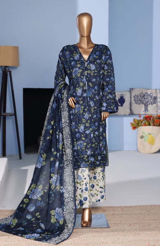 Bin Saeed Exclusive Embroidered Lawn Stitched 3 Piece Suit - D-02 - BS26PNT - Blue - Summer Collection