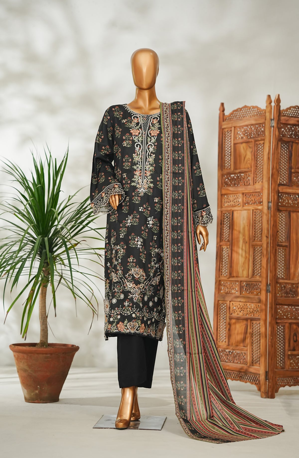 Bin Saeed Embroidered Lawn Stitched 3 Piece Suit - Design-01 - BS26EMB - Black - Summer Collection