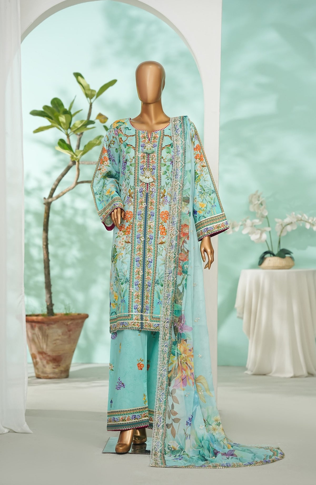 Bin Saeed Printed Lawn Stitched 3 Piece Suit - Design-10 - BS26LRY - Sea Green - Luxury Collection