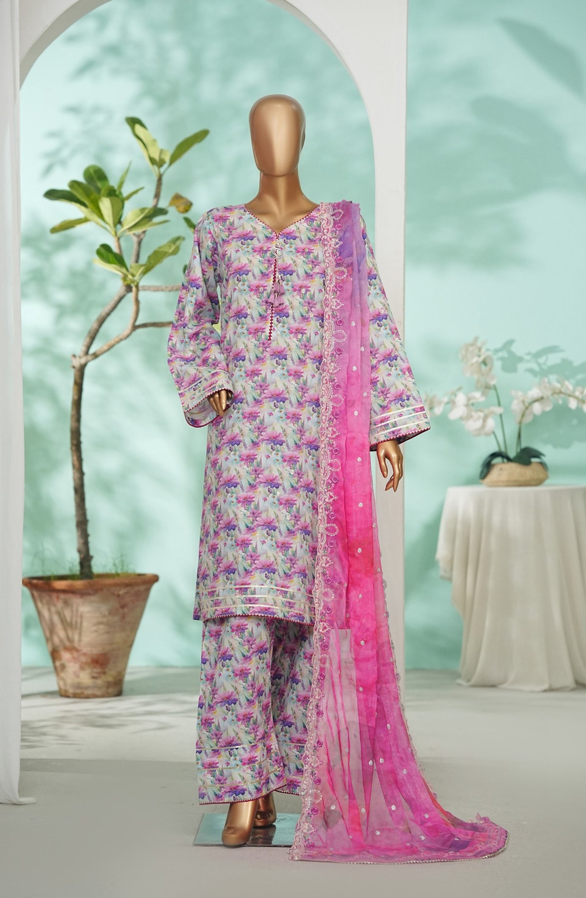 Bin Saeed Printed Lawn Stitched 3 Piece Suit - Design-07 - BS26LRY - Pink - Luxury Collection