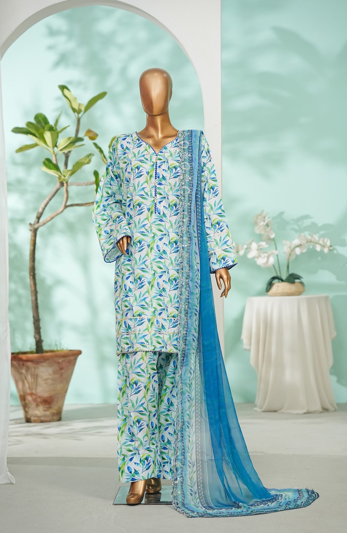 Bin Saeed Printed Lawn Stitched 3 Piece Suit - Design-06 - BS26LRY - Blue - Luxury Collection
