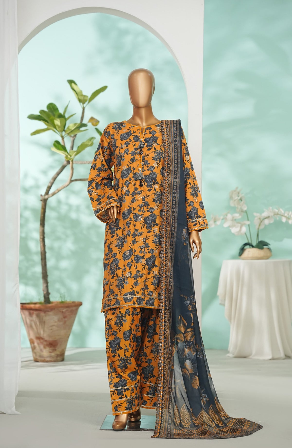 Bin Saeed Printed Lawn Stitched 3 Piece Suit - Design-04 - BS26LRY - Mustard - Luxury Collection