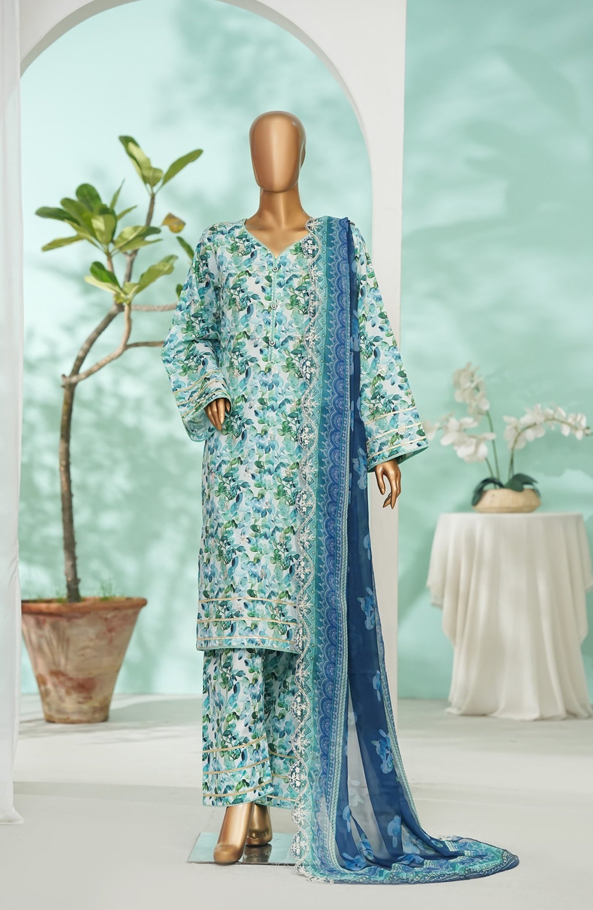 Bin Saeed Printed Lawn Stitched 3 Piece Suit - Design-03 - BS26LRY - Sea Green - Luxury Collection