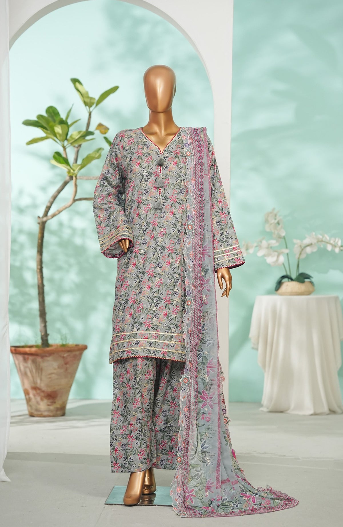 Bin Saeed Printed Lawn Stitched 3 Piece Suit - Design-02 - BS26LRY - Beige - Luxury Collection