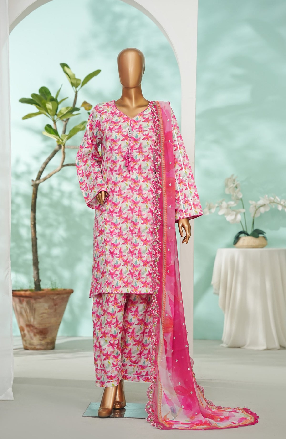 Bin Saeed Printed Lawn Stitched 3 Piece Suit - Design-01 - BS26LRY - Pink - Luxury Collection