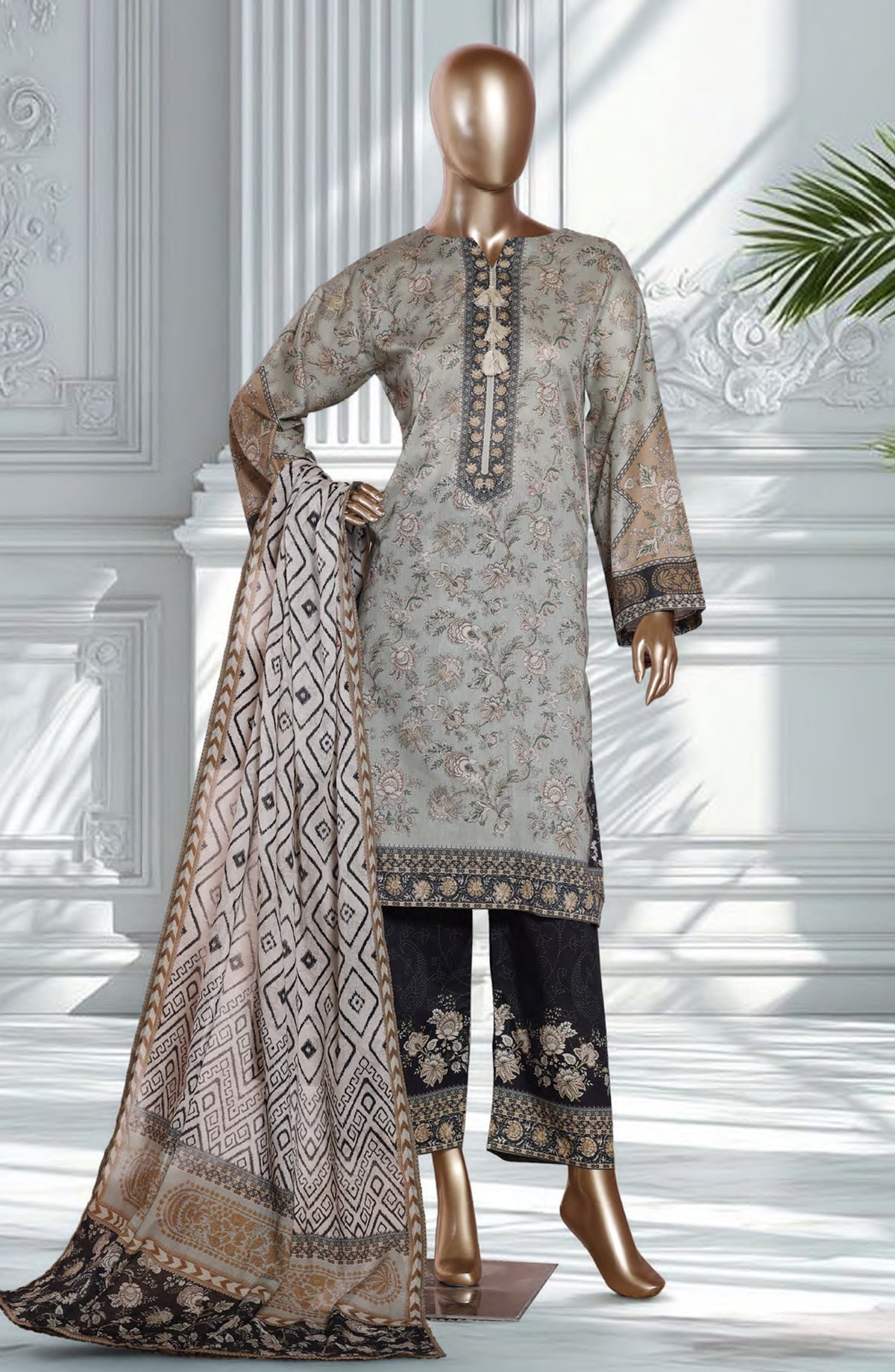 Bin Saeed Exclusive Printed Lawn Stitched 3 Piece Suit - D-05 - BS26EXP - Grey - Summer Collection