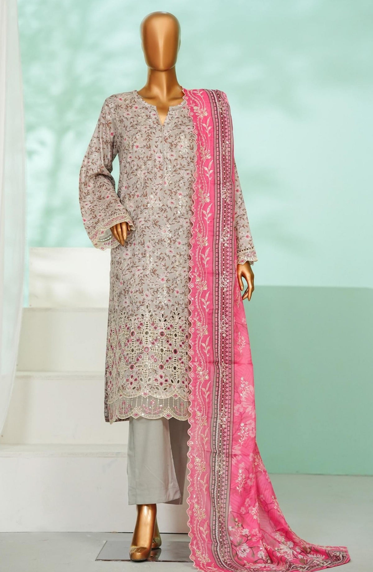 Bin Saeed Luxury Embroidered Stitched 3 Piece Suit - D-03 - BS26AQ - Pink - Laserkari Collection