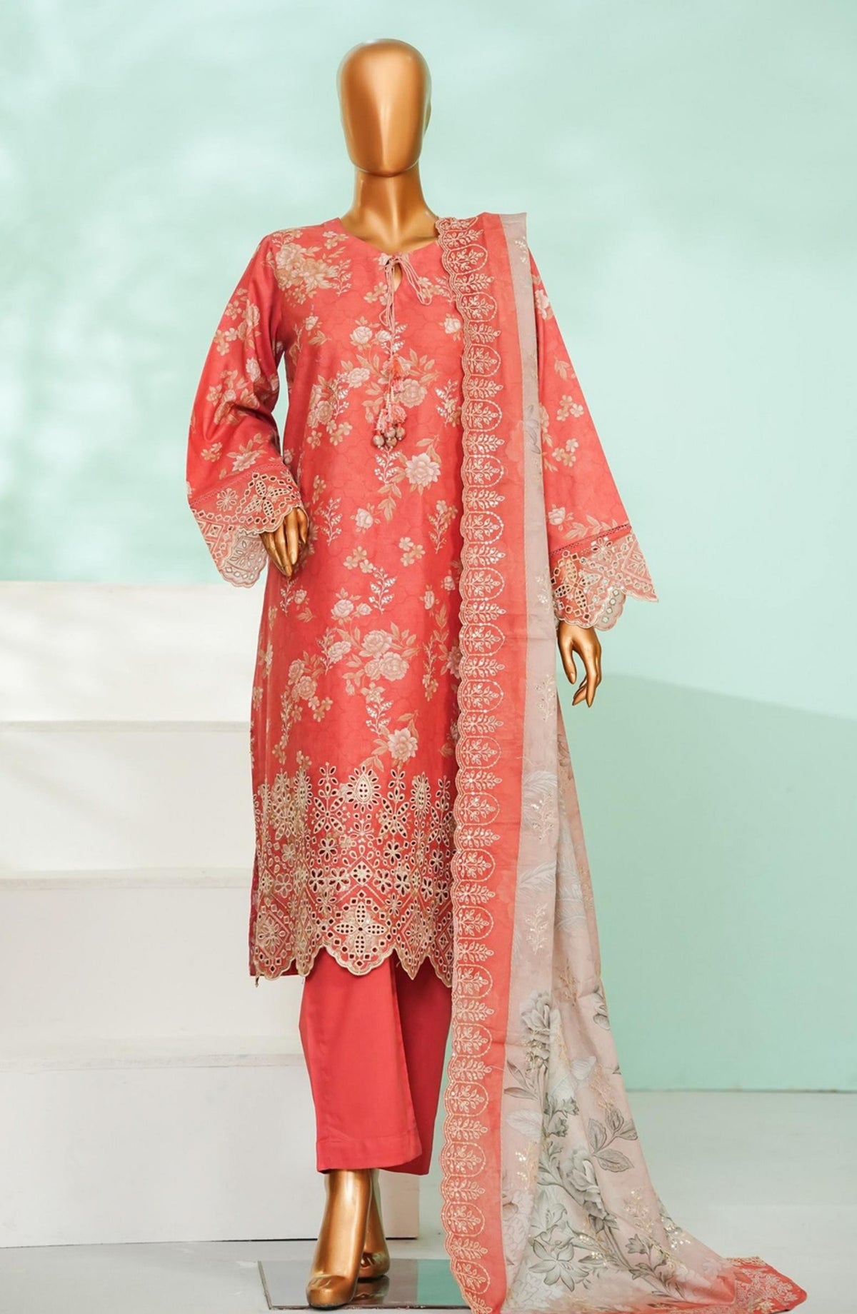 Bin Saeed Luxury Embroidered Stitched 3 Piece Suit - D-01 - BS26AQ - Pink - Laserkari Collection
