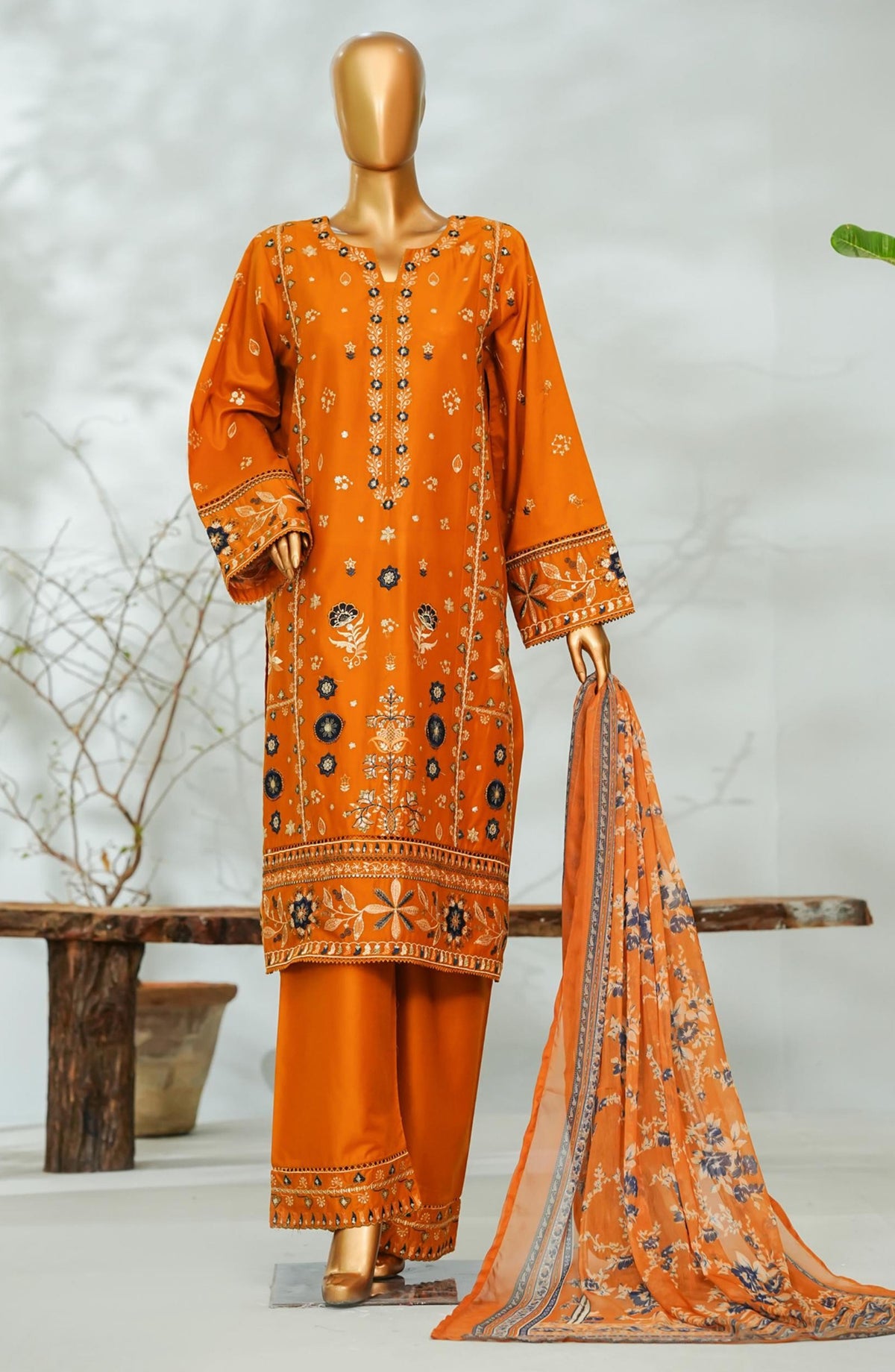 Bin Saeed Luxury Embroidered Stitched 3 Piece Suit - D-04 - BS26LQ - Orange - Festive Collection
