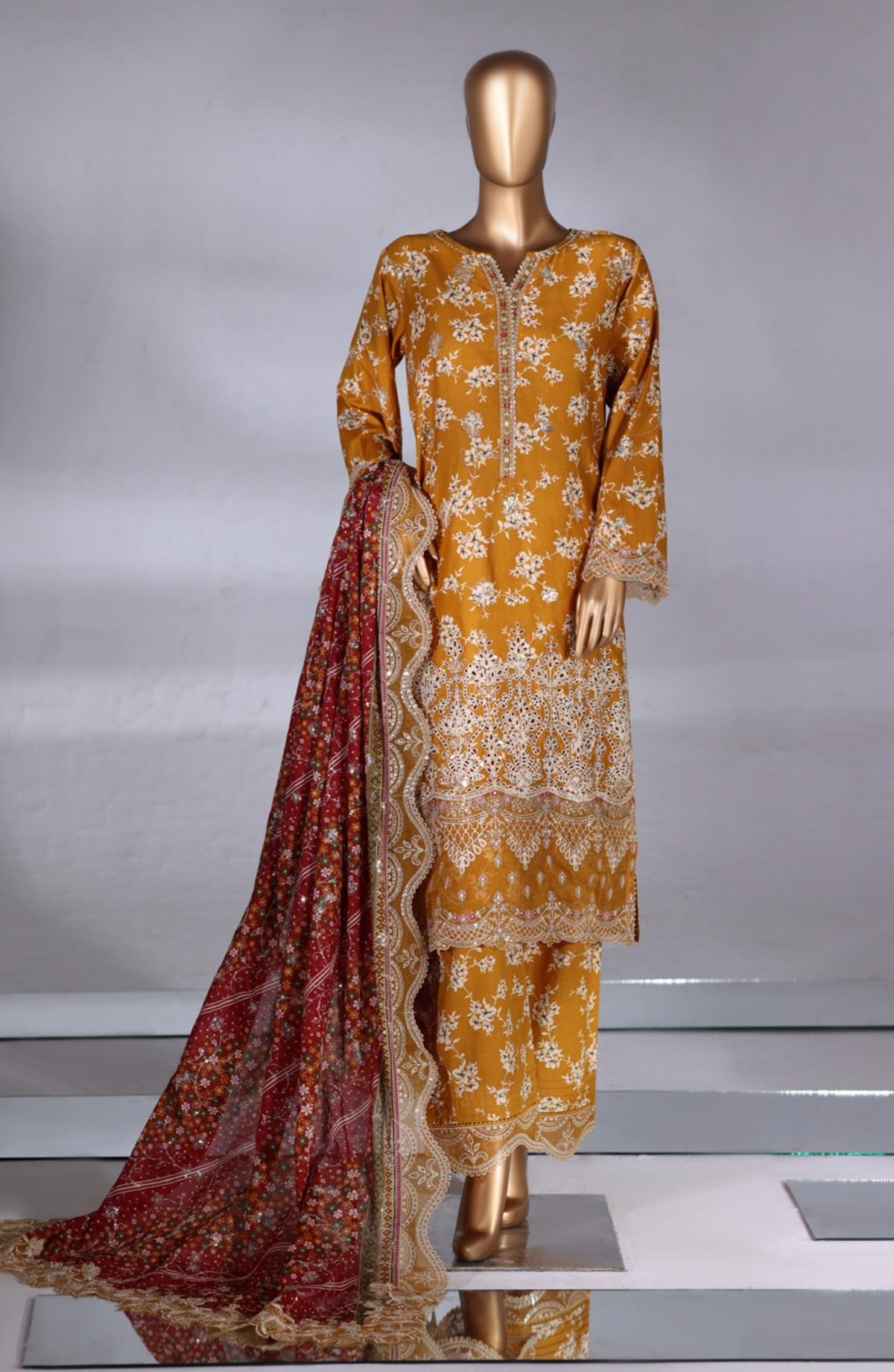 Bin Saeed Luxury Embroidered Lawn Stitched 3 Piece Suit - D-05 - BS26MTF - Mustard - Festive Collection