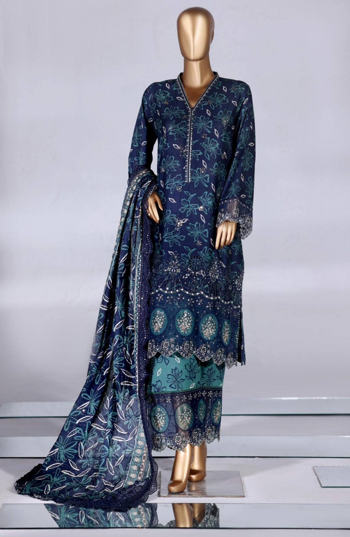 Bin Saeed Luxury Embroidered Lawn Stitched 3 Piece Suit - D-04 - BS26MTF - Blue - Festive Collection