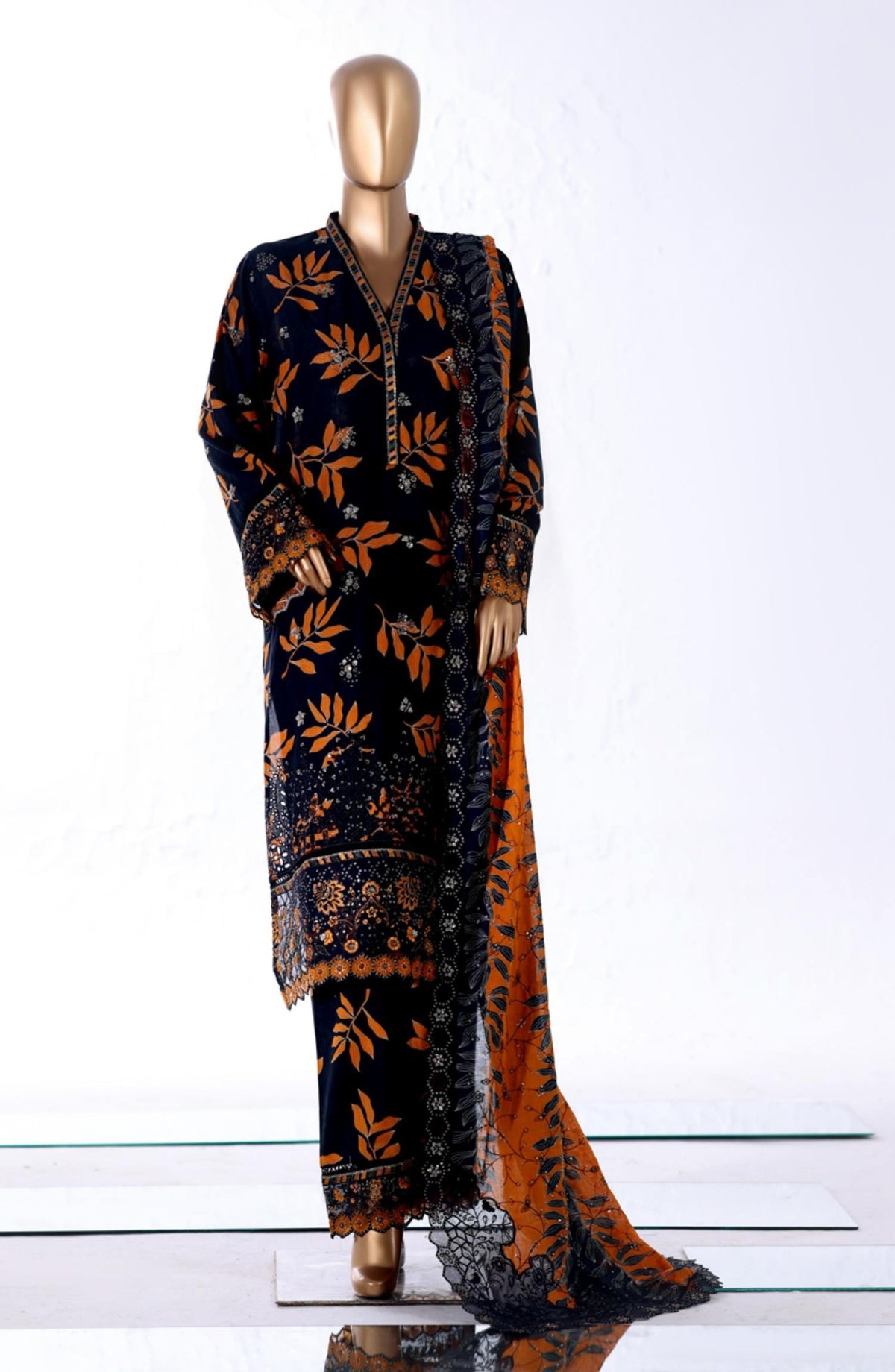 Bin Saeed Luxury Embroidered Lawn Stitched 3 Piece Suit - D-01 - BS26MTF - Black - Festive Collection