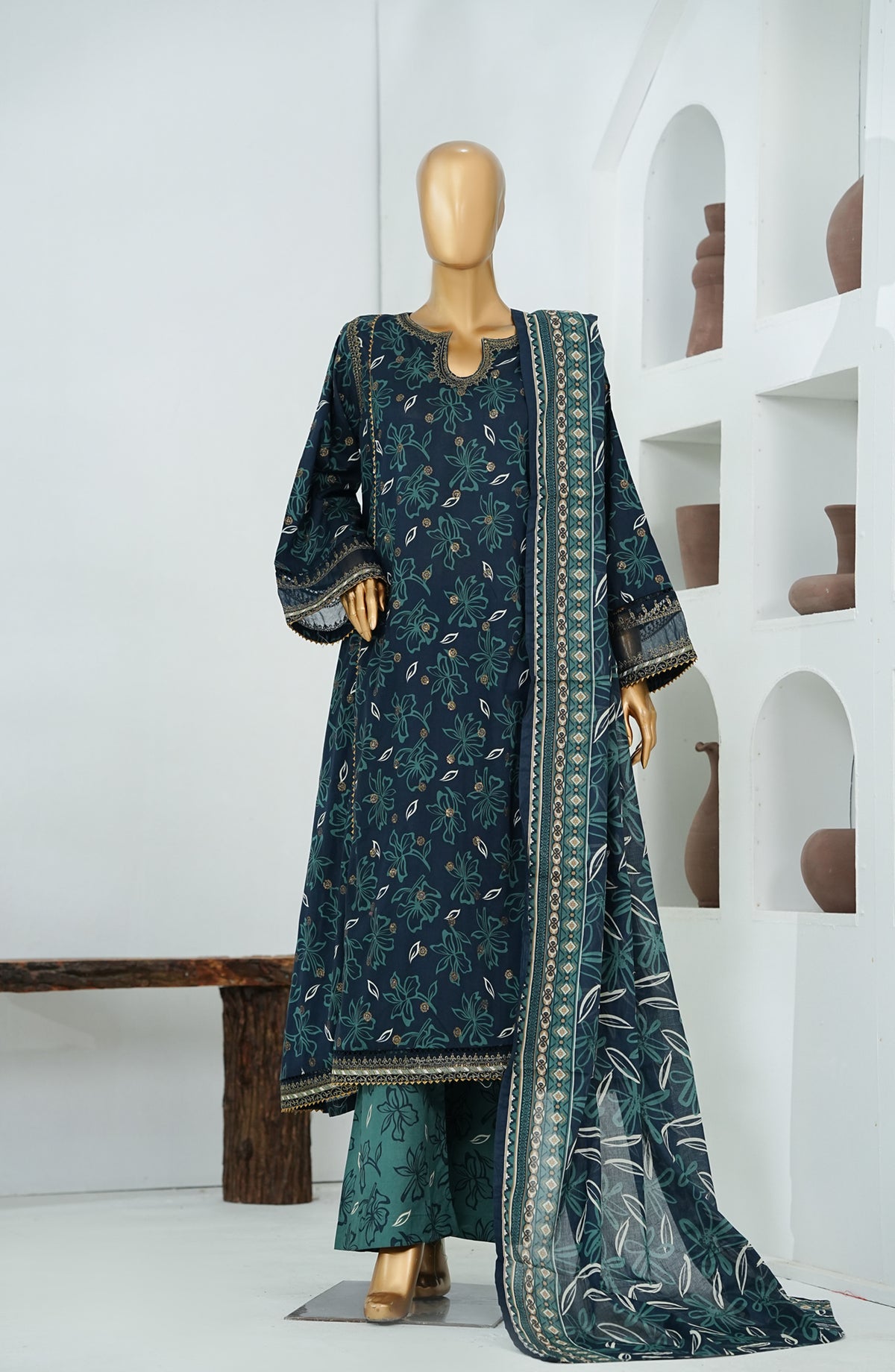 Bin Saeed Luxury Embroidered Stitched Frock 3 Piece Suit - D-05 - BS26CKD - Blue - Festive Collection