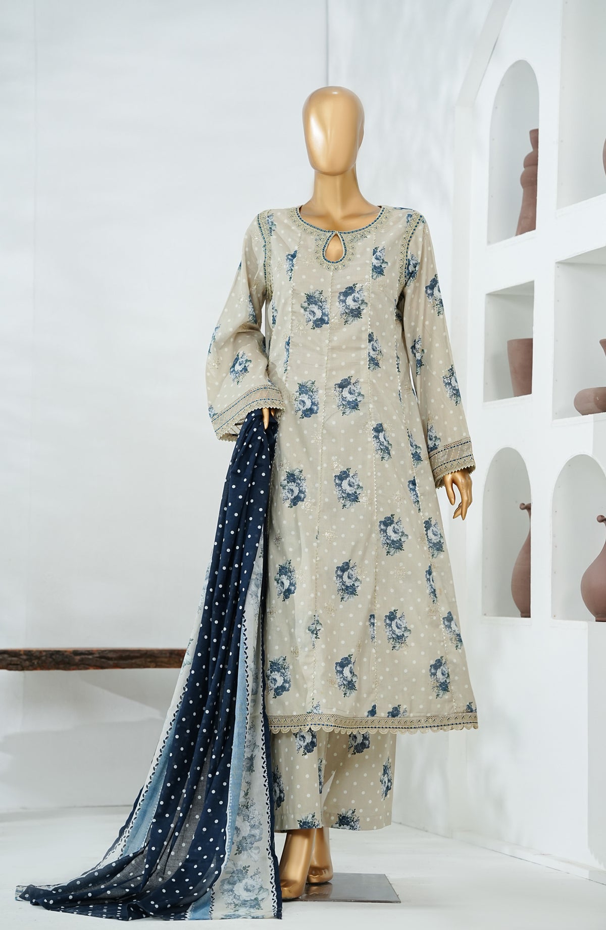 Bin Saeed Luxury Embroidered Stitched Frock 3 Piece Suit - D-04 - BS26CKD - Grey - Festive Collection