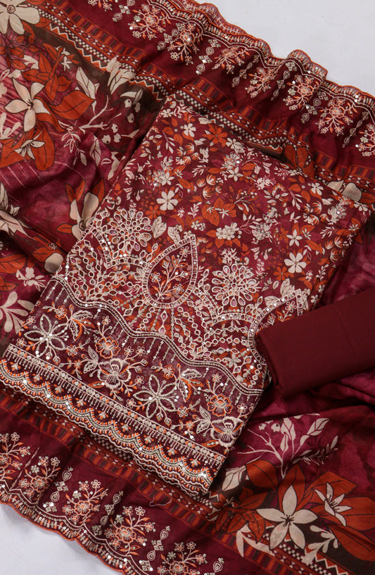 Bin Saeed Embroidered Lawn Unstitched 3 Piece Suit - Design-14 - BS26LLW - Maroon - Summer Collection