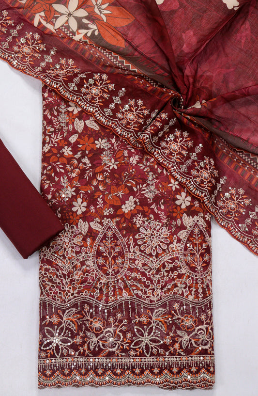 Bin Saeed Embroidered Lawn Unstitched 3 Piece Suit - Design-14 - BS26LLW - Maroon - Summer Collection