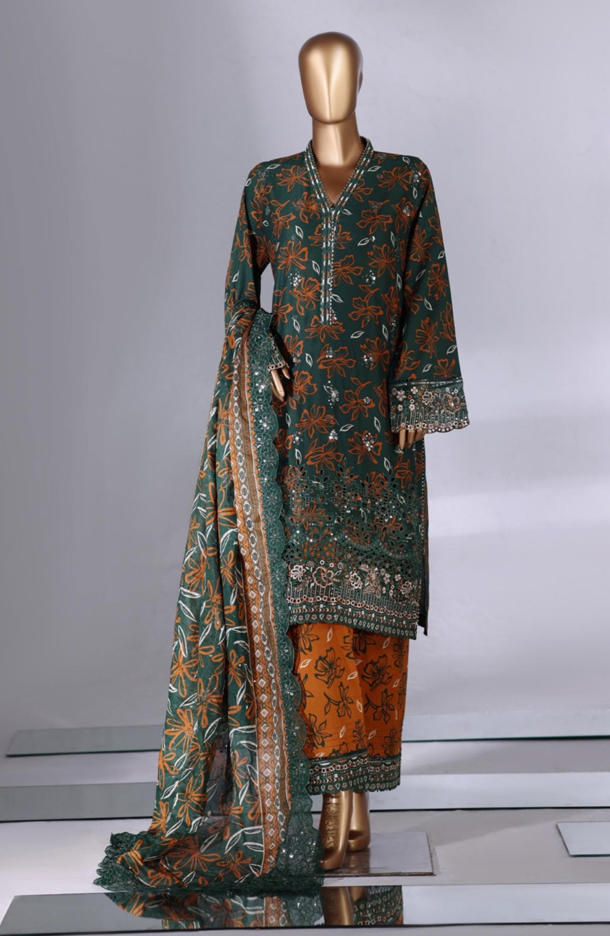 Bin Saeed Luxury Embroidered Lawn Stitched 3 Piece Suit - Design-08 - BS26LWN - Green - Festive Collection