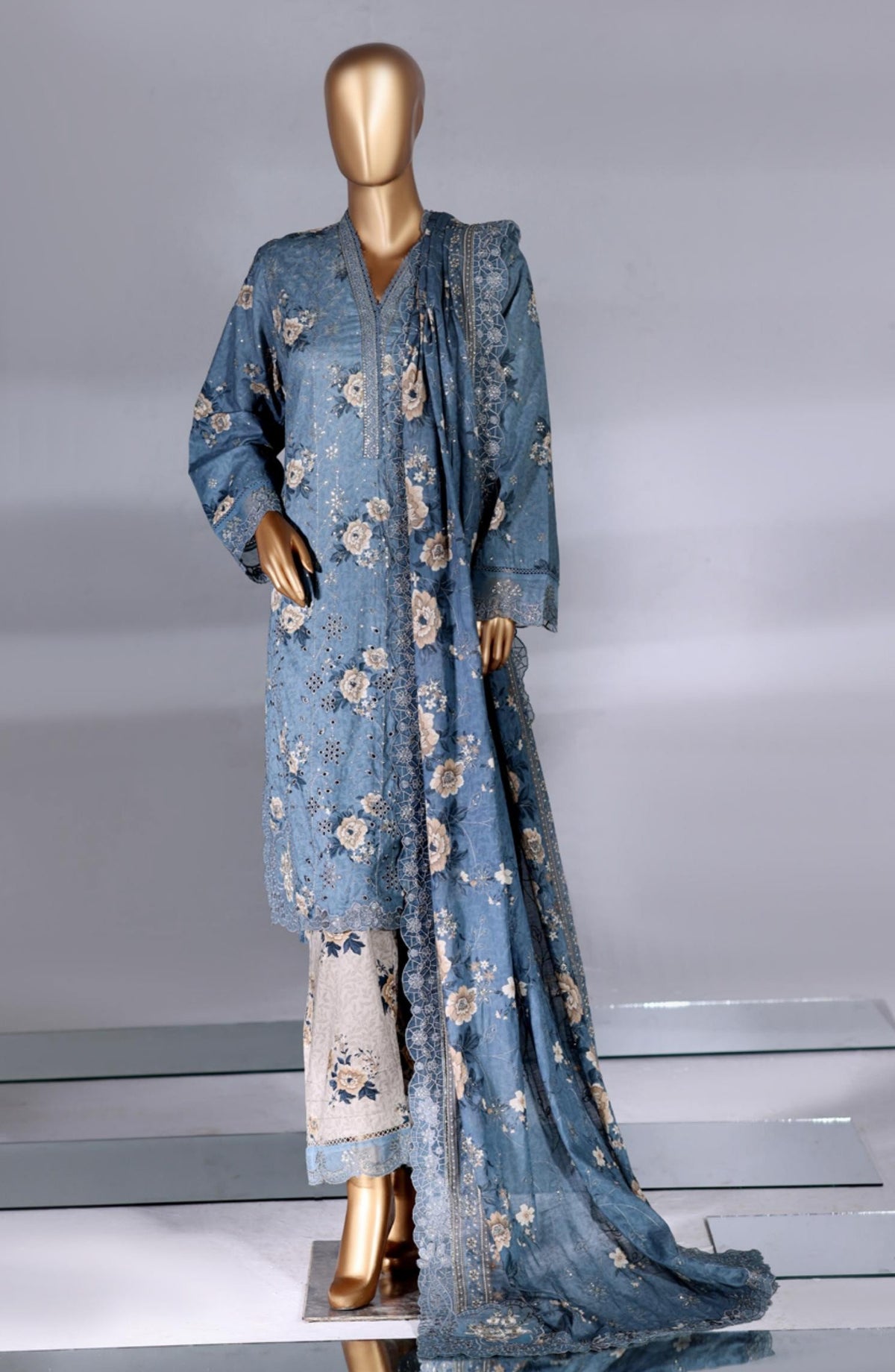 Bin Saeed Luxury Embroidered Lawn Stitched 3 Piece Suit - Design-02 - BS26LWN - Blue - Festive Collection