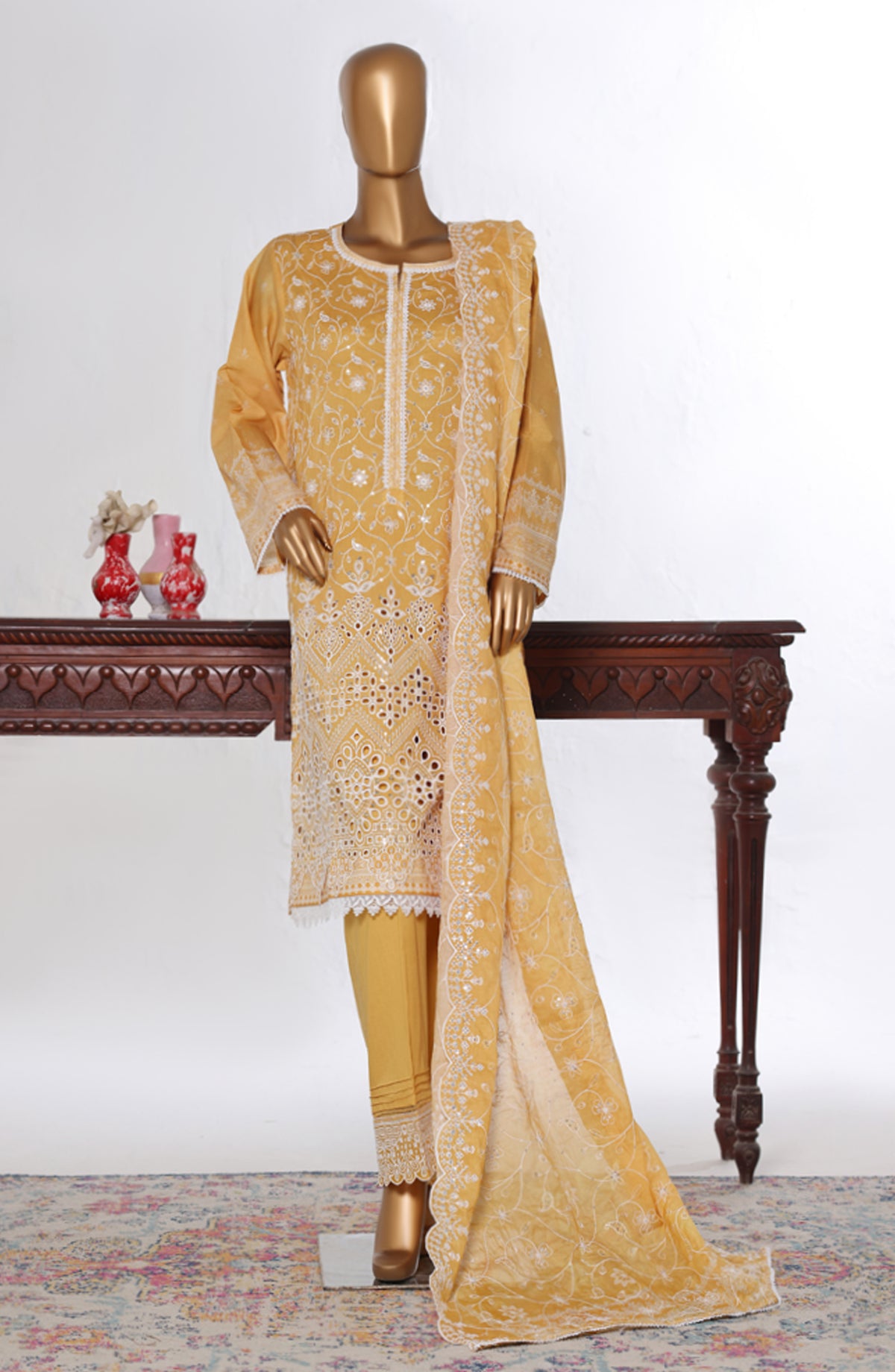Bin Saeed Luxury Embroidered Cotton Stitched 3 Piece Suit - Design-33 - BS26LUX - Mustard - Mid Summer Collection