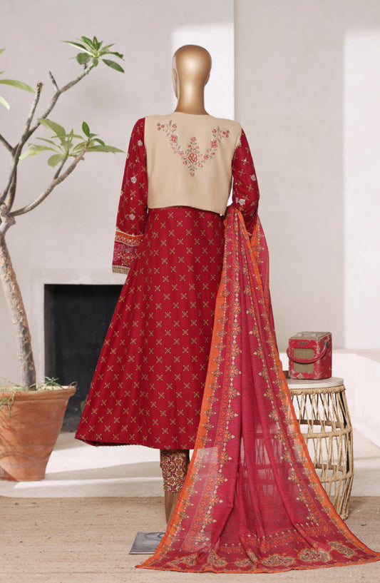 Bin Saeed Luxury Embroidered Lawn Stitched 3 Piece Suit - Design-01 - BS26FRO - Red - Summer Collection