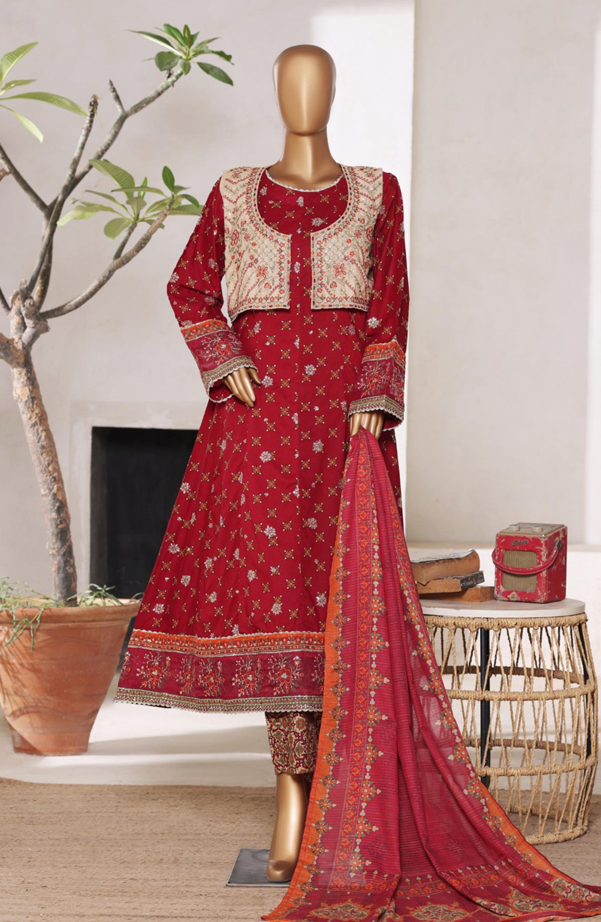 Bin Saeed Luxury Embroidered Lawn Stitched 3 Piece Suit - Design-01 - BS26FRO - Red - Summer Collection