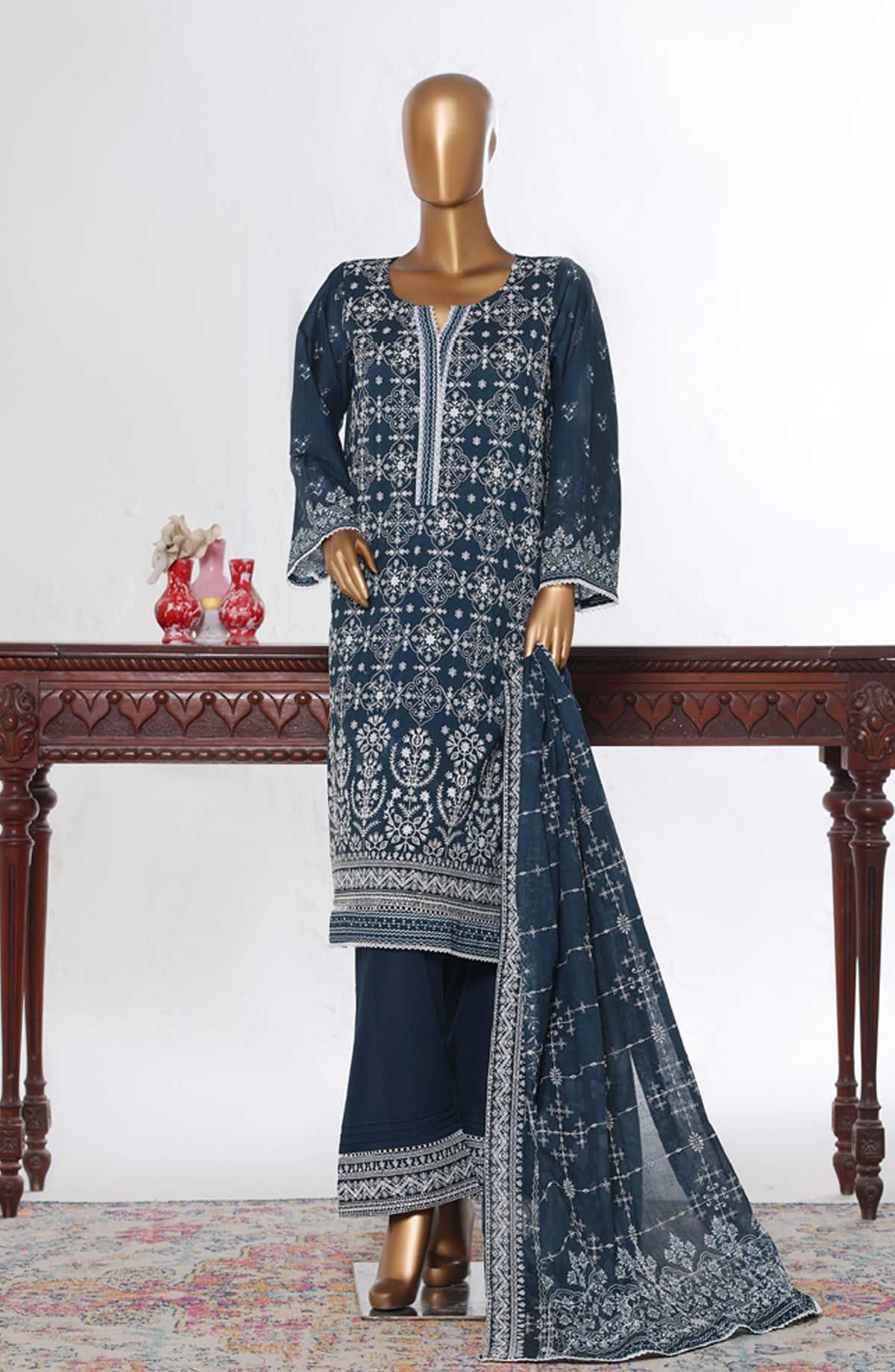 Bin Saeed Luxury Embroidered Cotton Stitched 3 Piece Suit - Design-31 - BS26LUX - Teal - Mid Summer Collection