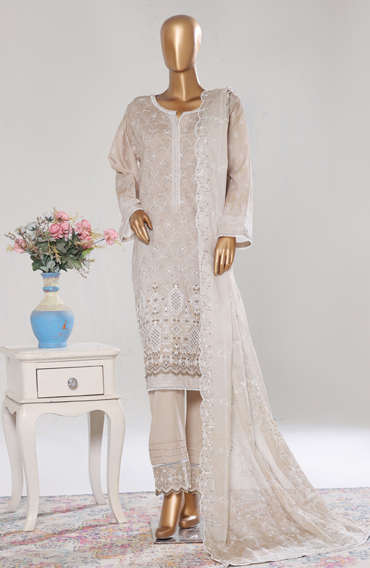 Bin Saeed Luxury Embroidered Cotton Stitched 3 Piece Suit - Design-28 - BS26LUX - Beige - Mid Summer Collection