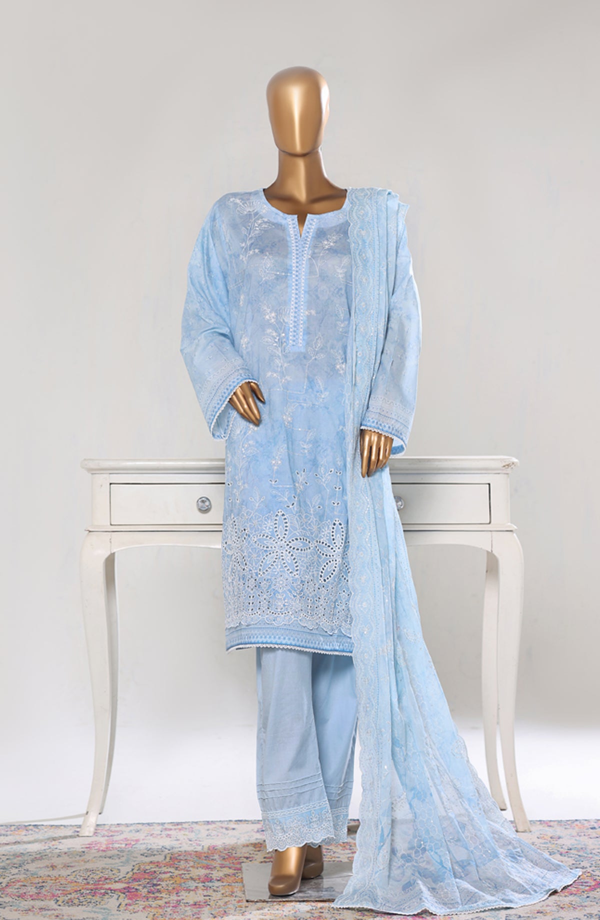 Bin Saeed Luxury Embroidered Cotton Stitched 3 Piece Suit - Design-22 - BS26LUX - Blue - Mid Summer Collection