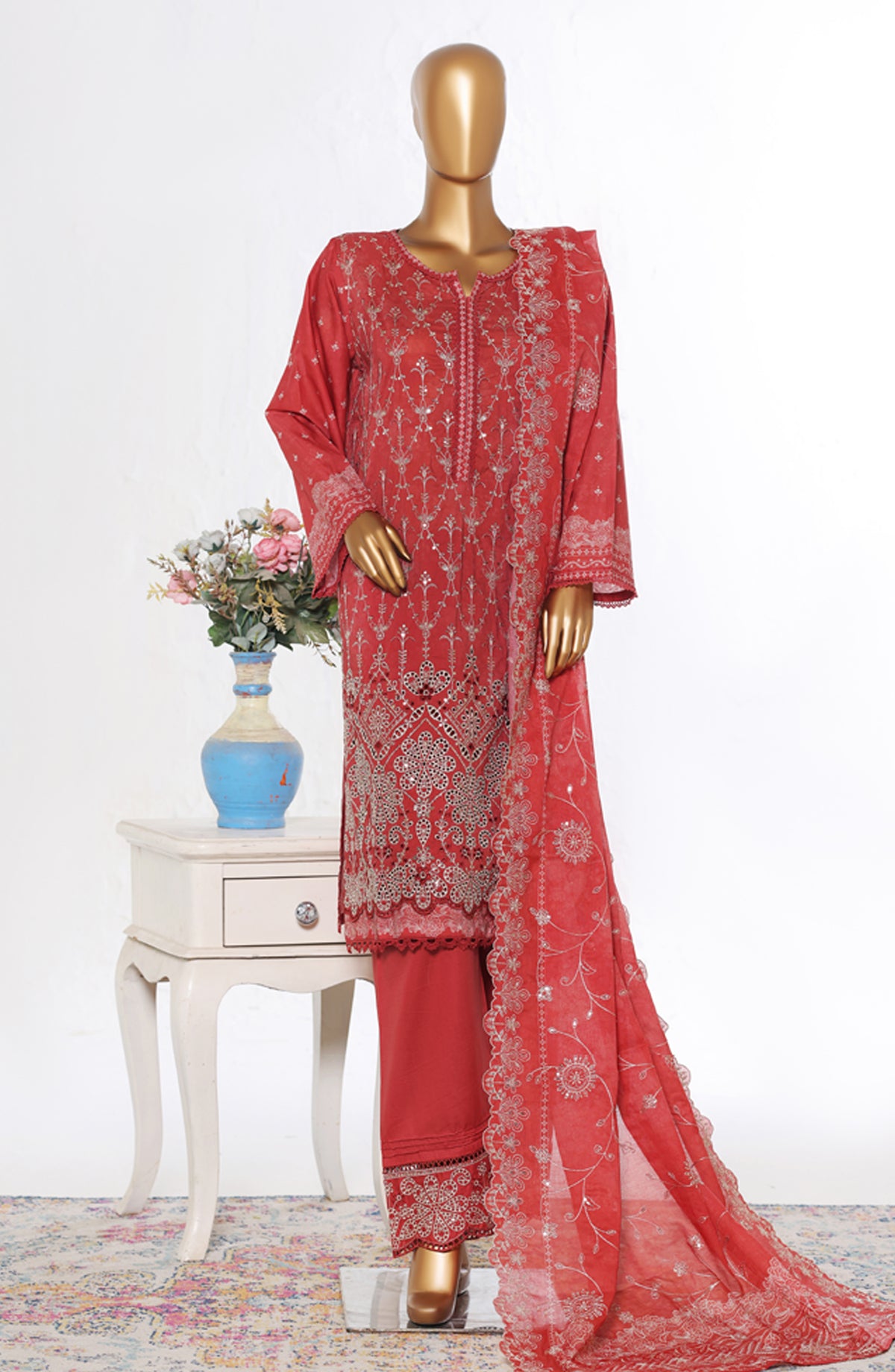 Bin Saeed Luxury Embroidered Cotton Stitched 3 Piece Suit - Design-21 - BS26LUX - Red - Mid Summer Collection