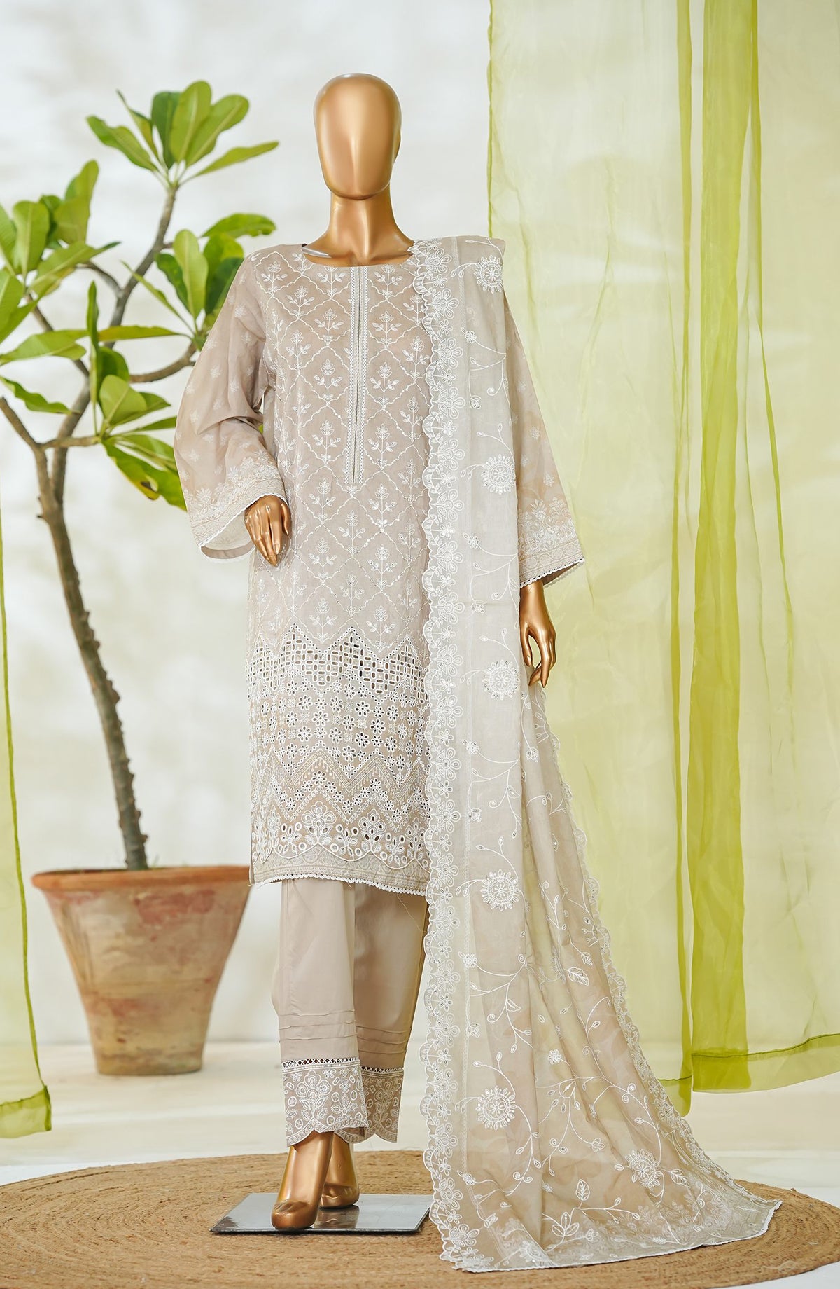Bin Saeed Luxury Embroidered Cotton Stitched 3 Piece Suit - Design-13 - BS26LUX - Beige - Mid Summer Collection
