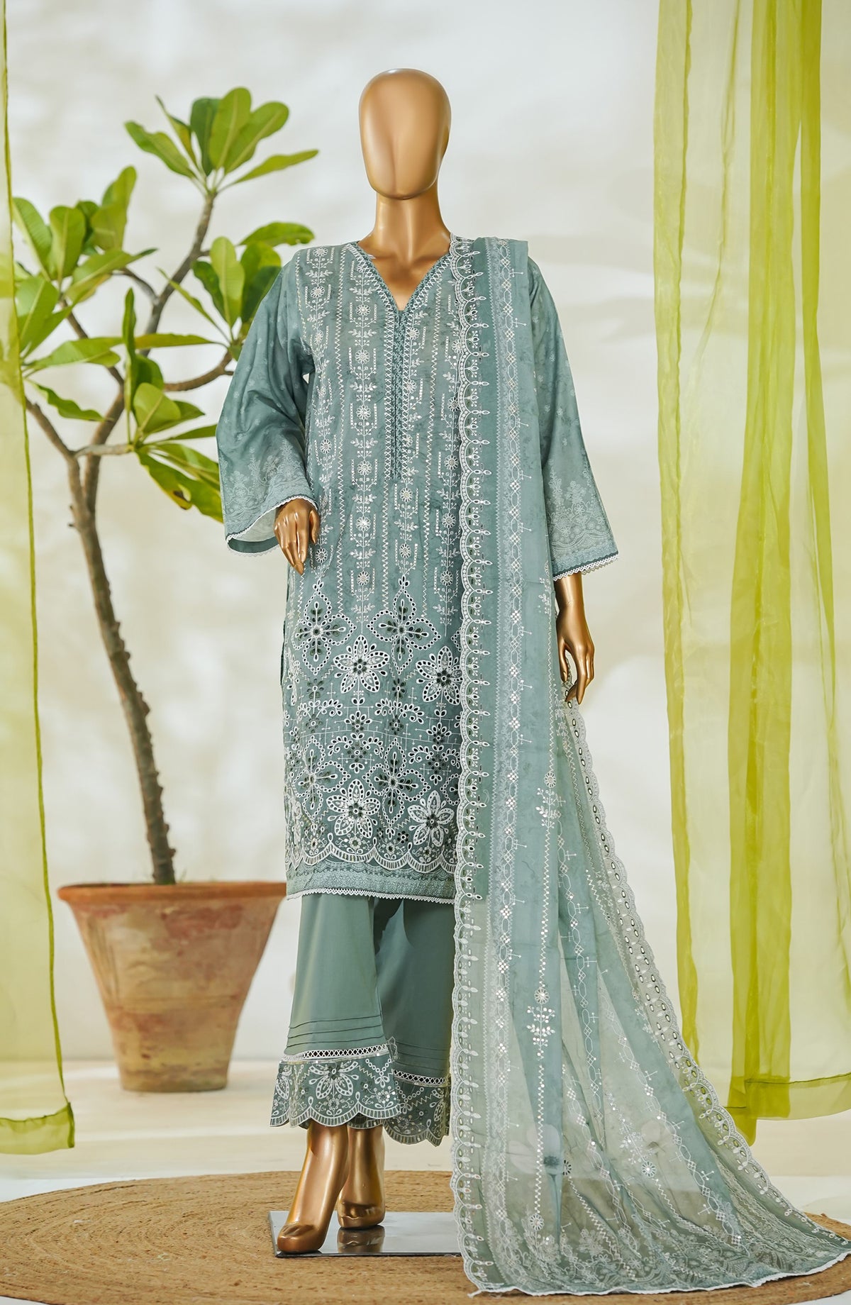 Bin Saeed Luxury Embroidered Cotton Stitched 3 Piece Suit - Design-04 - BS26LUX - Green - Mid Summer Collection
