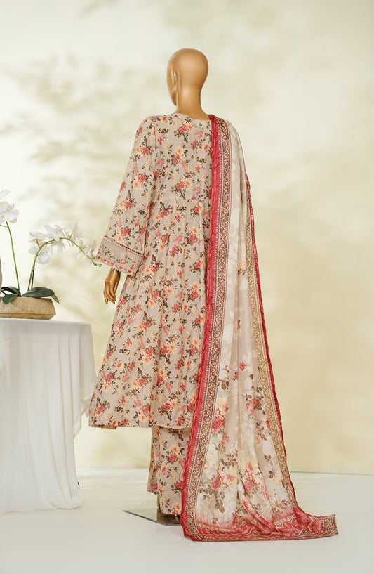 Bin Saeed Luxury Embroidered Lawn Stitched Frock 3 Piece Suit - D-06 - BS26RUF - Fawn - Festive Collection