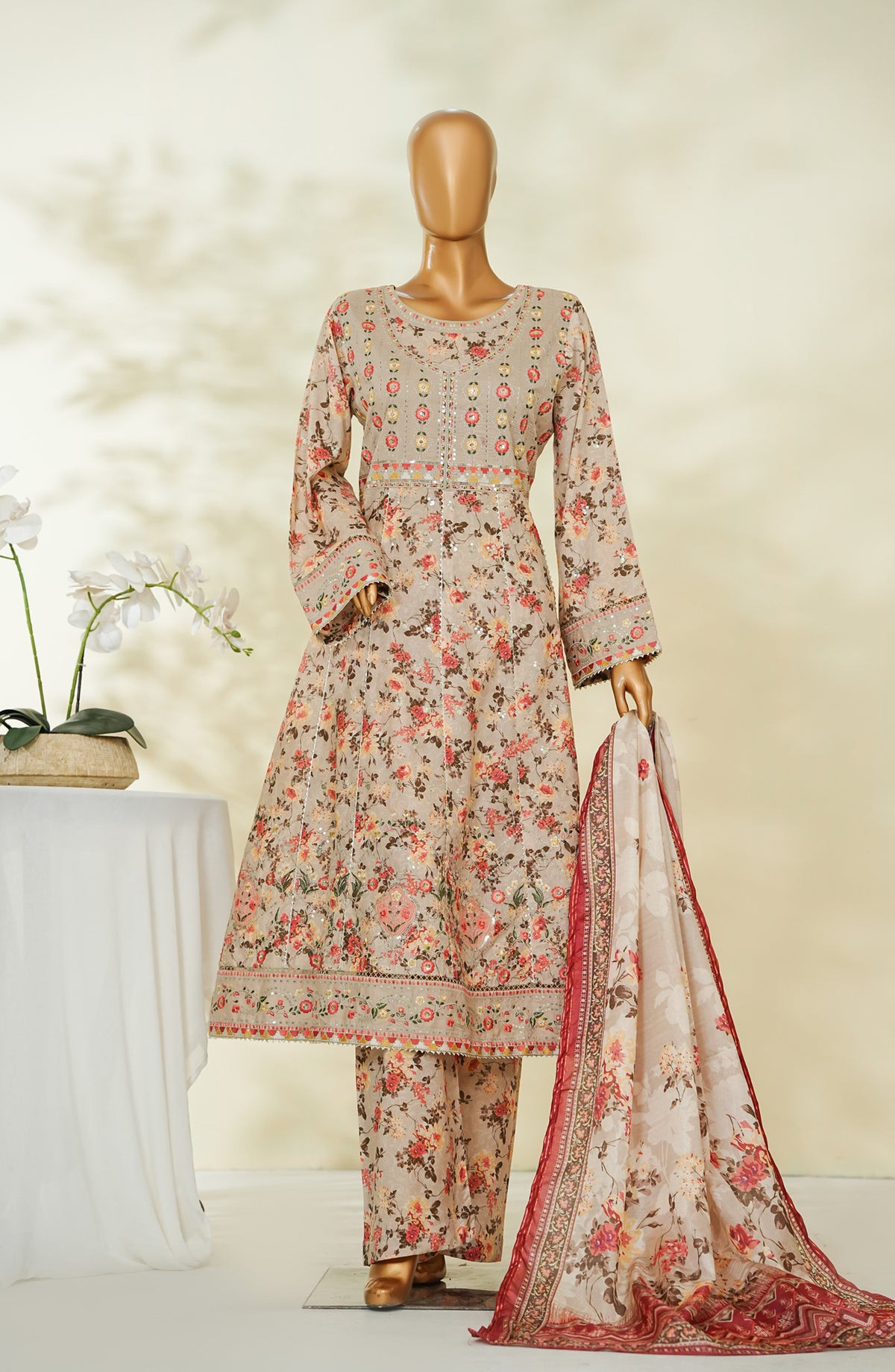 Bin Saeed Luxury Embroidered Lawn Stitched Frock 3 Piece Suit - D-06 - BS26RUF - Fawn - Festive Collection