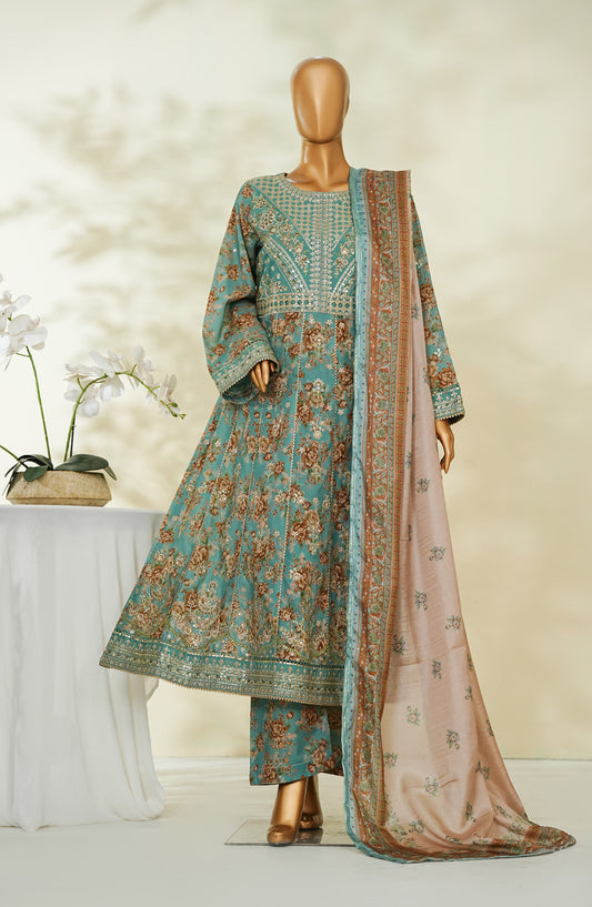 Bin Saeed Luxury Embroidered Lawn Stitched Frock 3 Piece Suit - D-05 - BS26RUF - Green - Festive Collection
