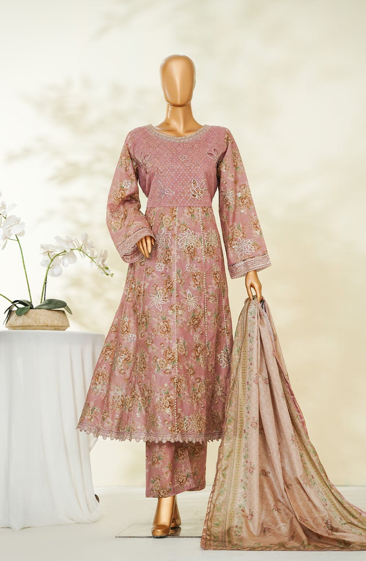 Bin Saeed Luxury Embroidered Lawn Stitched Frock 3 Piece Suit - D-04 - BS26RUF - Pink - Festive Collection