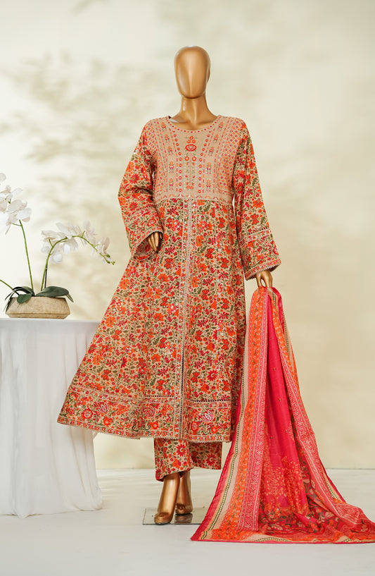 Bin Saeed Luxury Embroidered Lawn Stitched Frock 3 Piece Suit - D-03 - BS26RUF - Peach - Festive Collection