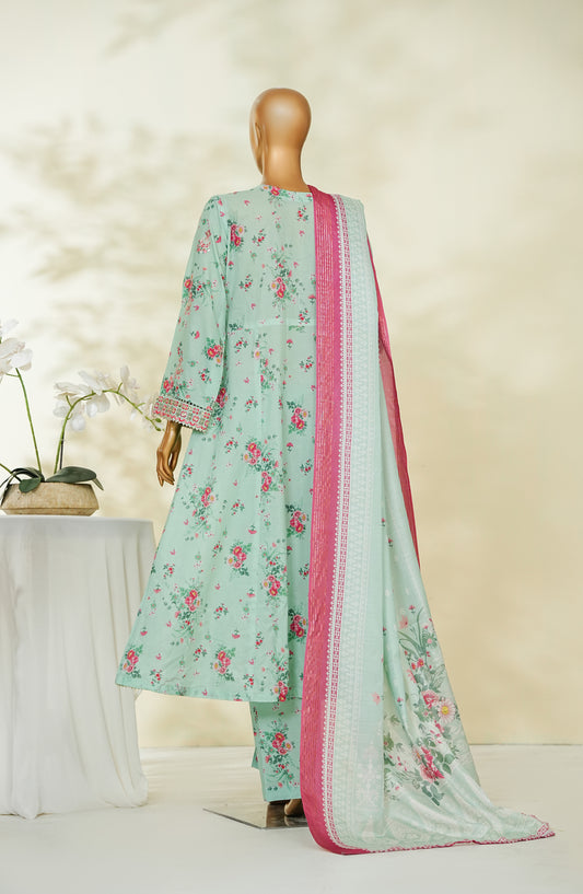 Bin Saeed Luxury Embroidered Lawn Stitched Frock 3 Piece Suit - D-02 - BS26RUF - Sea Green - Festive Collection