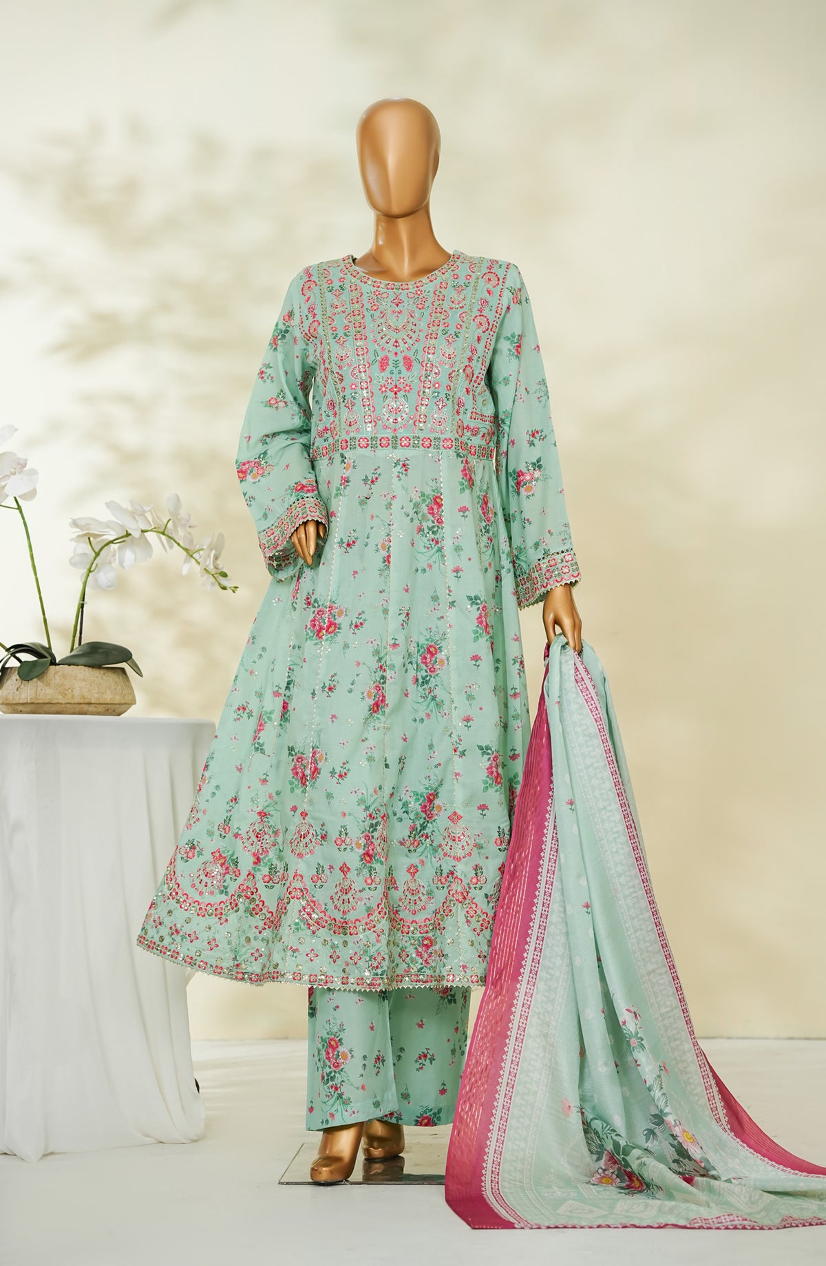 Bin Saeed Luxury Embroidered Lawn Stitched Frock 3 Piece Suit - D-02 - BS26RUF - Sea Green - Festive Collection