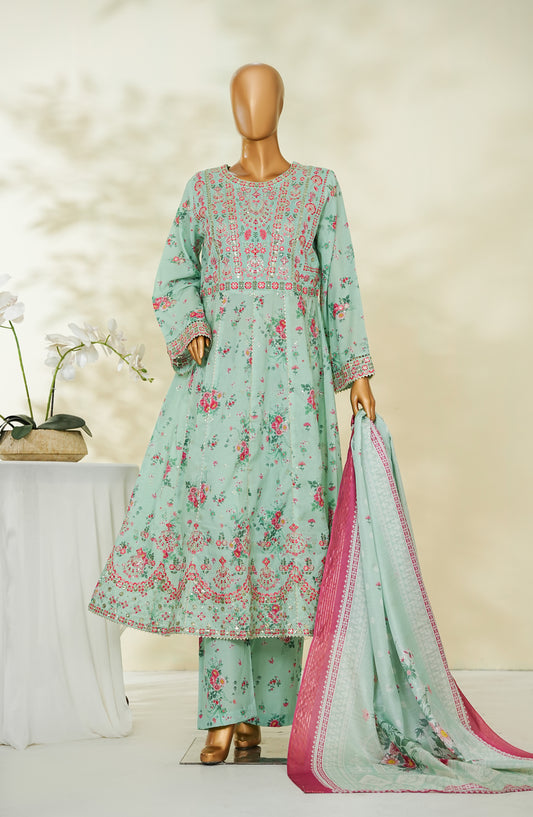 Bin Saeed Luxury Embroidered Lawn Stitched Frock 3 Piece Suit - D-02 - BS26RUF - Sea Green - Festive Collection