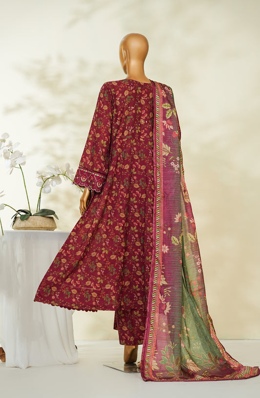Bin Saeed Luxury Embroidered Lawn Stitched Frock 3 Piece Suit - D-01 - BS26RUF - Maroon - Festive Collection