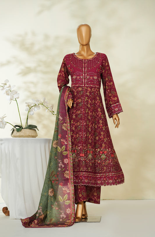 Bin Saeed Luxury Embroidered Lawn Stitched Frock 3 Piece Suit - D-01 - BS26RUF - Maroon - Festive Collection