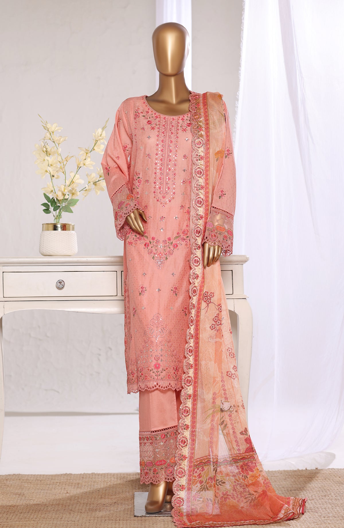 Bin Saeed Luxury Embroidered Jacquard Stitched 3 Piece Suit - Design-01 - BS26JCQ - Pink - Mid Summer Collection