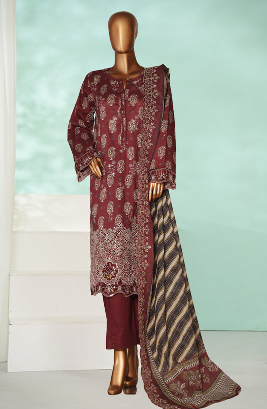 Bin Saeed Luxury Laserkari Lawn Stitched 3 Piece Suit - D-08 - BS26KRL - Maroon - Summer Collection